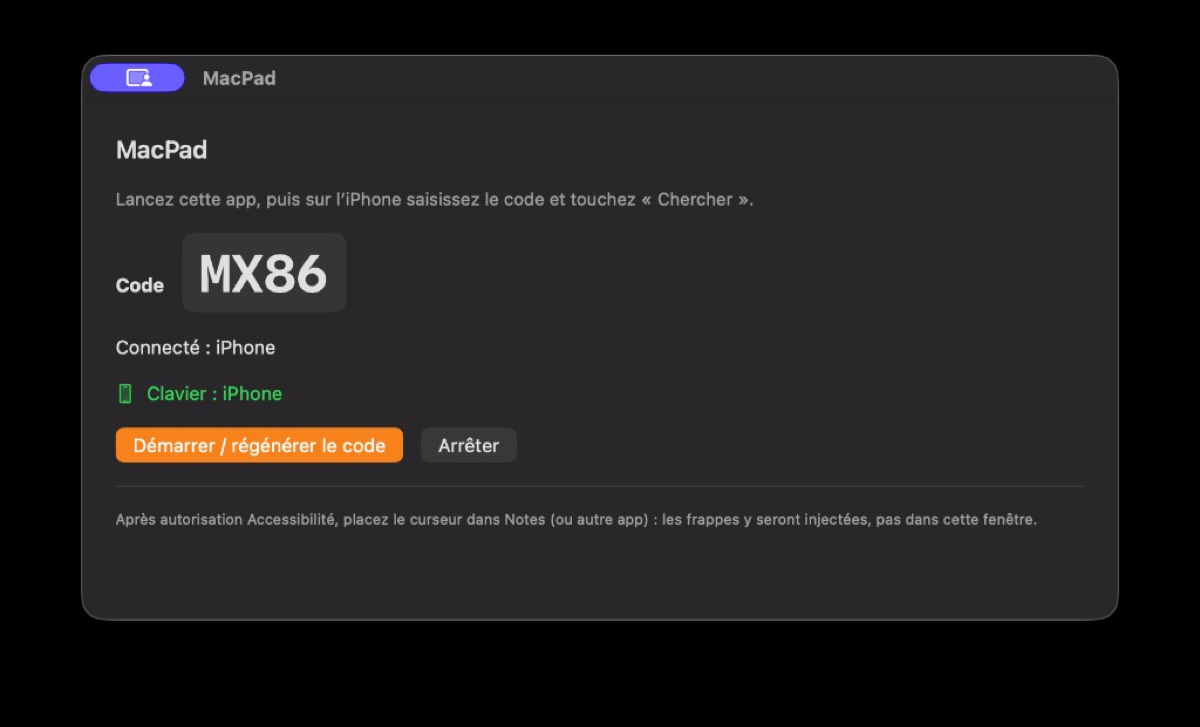 Aperçu du companion MacPad sur Mac